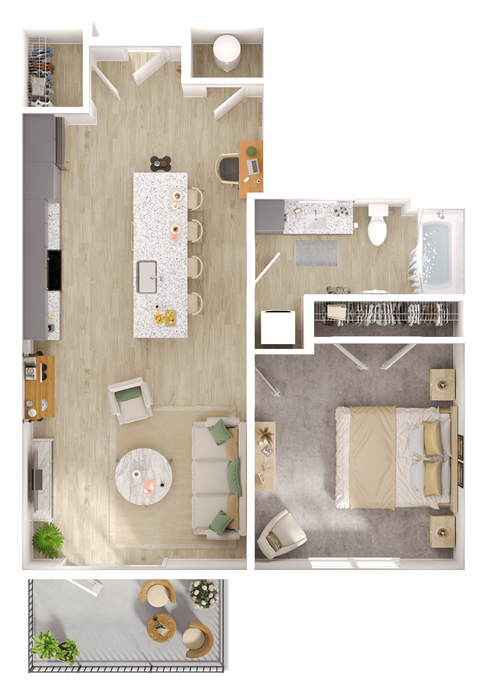 Floor plan for 1 bed, 1 bath, 711 sqft